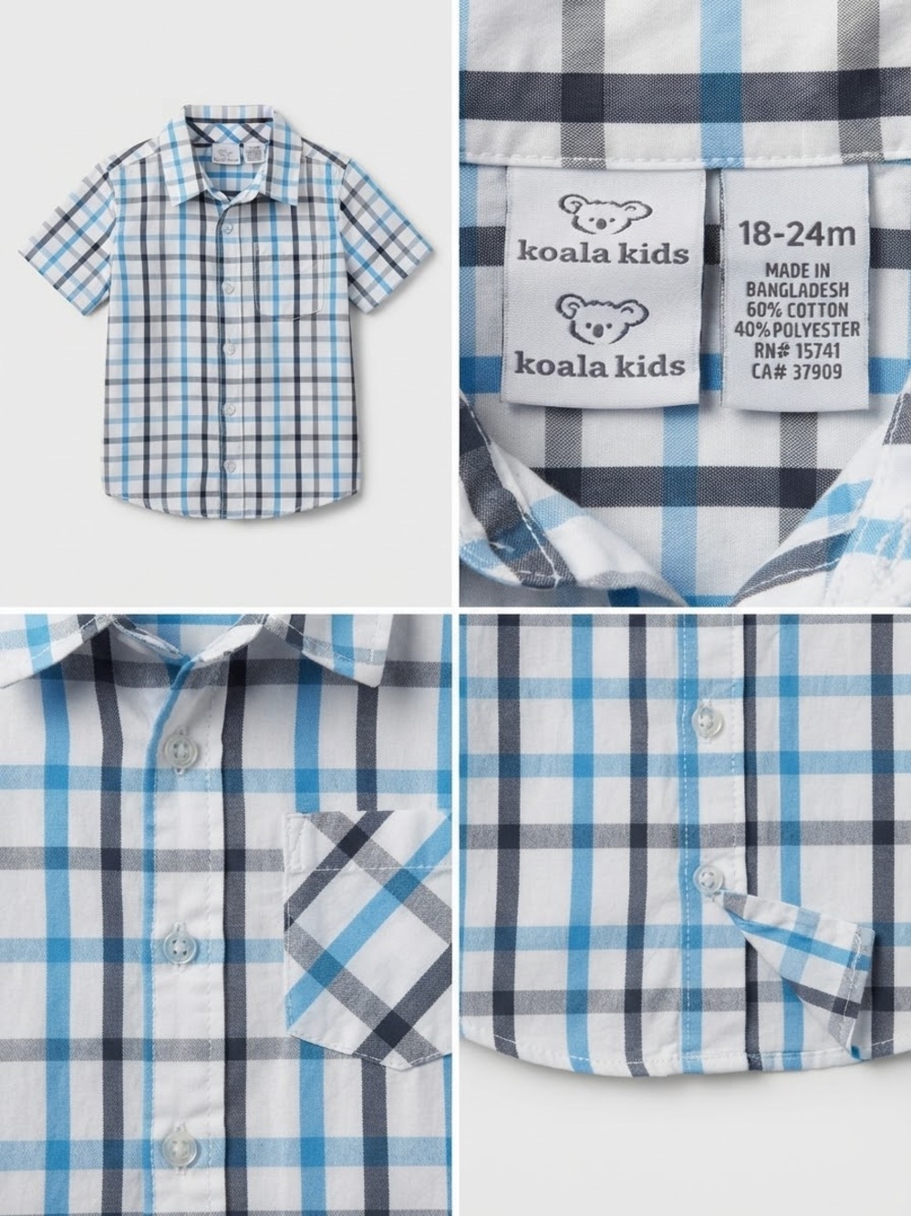 Children's Plaid Short-Sleeve Button-Up Shirt - Blue/Gray - Picture 3 of 5